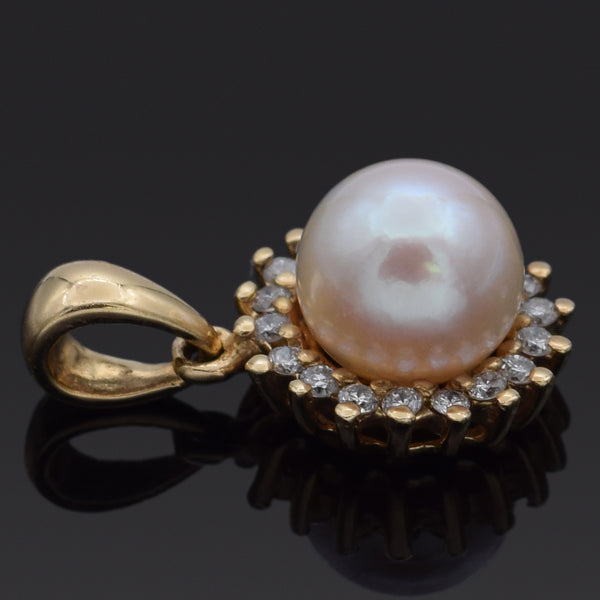 Vintage 10K Yellow Gold Pearl & Diamond Pendant