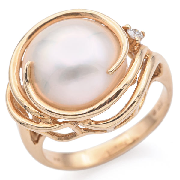 Vintage 14K Yellow Gold Mabe Pearl & Diamond Cocktail Ring Size 6