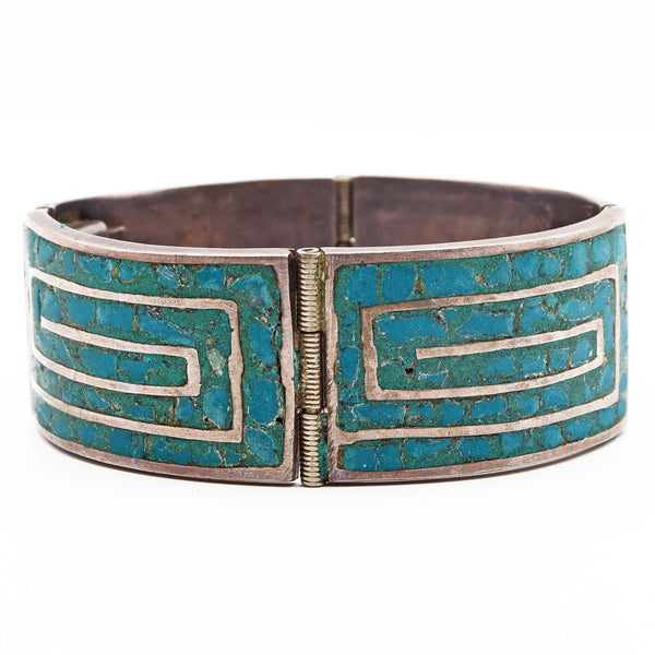 Vintage Handmade GuadMex Mexico Sterling Silver Turquoise Hinged Bangle Bracelet