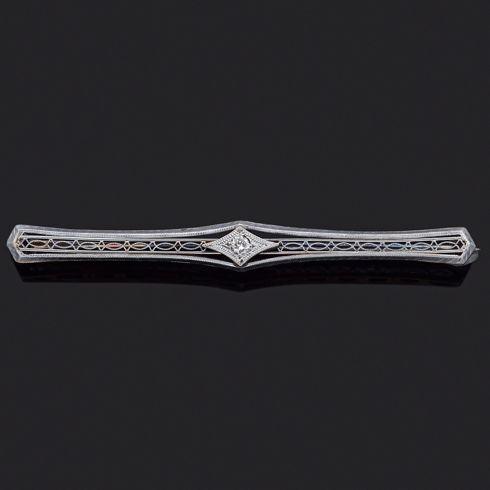 Antique 14K Yellow Gold & Platinum Diamond Bar Brooch Pin