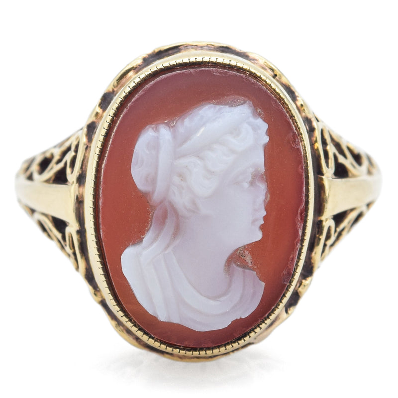 Vintage 14K Yellow Gold Hardstone Cameo Cocktail Ring Size 5