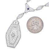 Vintage 13K White Gold Sapphire & Diamond Filigree Pendant Necklace