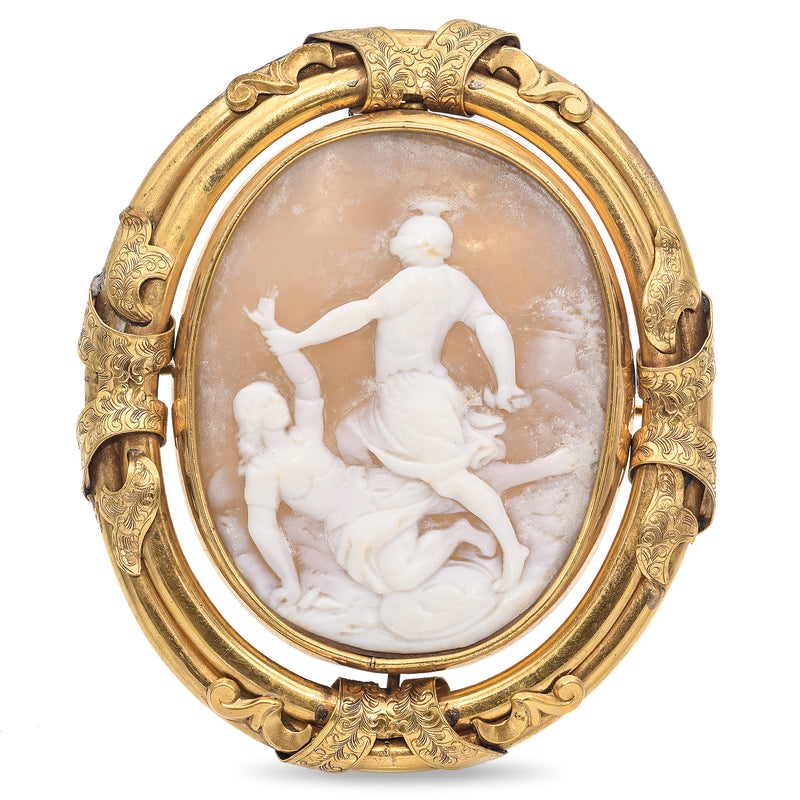 Antique 6K Yellow Gold Cameo Woman Being Abducted Brooch