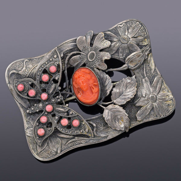 Antique German Silver Red Coral Butterfly Floral Cameo Large Brooch Pin 30.6G