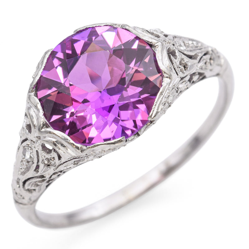 Vintage 18K White Gold 3.89Ct Pink Lab Sapphire and Accent Diamond Ring