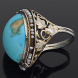 Antique Silver Turquoise & Seed Pearl Round Cocktail Ring Size 5