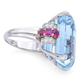 $18,000 Appraised Platinum 30 TCW Aquamarine, Ruby & 0.40 TCW Diamond Ring +Box