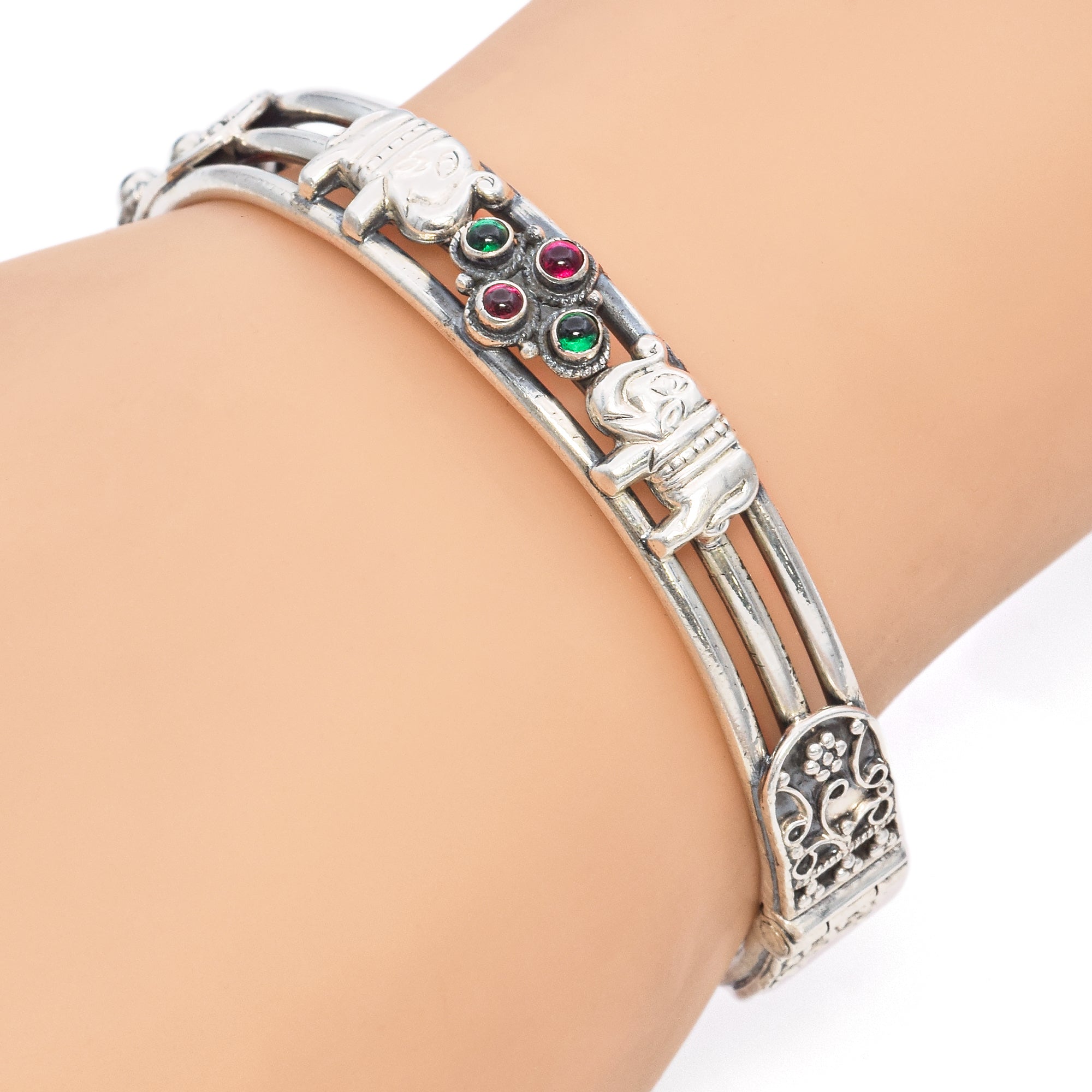 Sterling Silver Tourmaline Ruby Elephant Traditional Rajasthani Bangle Bracelet