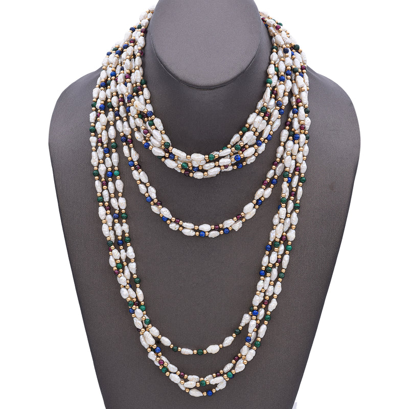 14K Yellow Gold Multi Strand Pearl, Amethyst, Lapis & Malachite Beaded Necklace