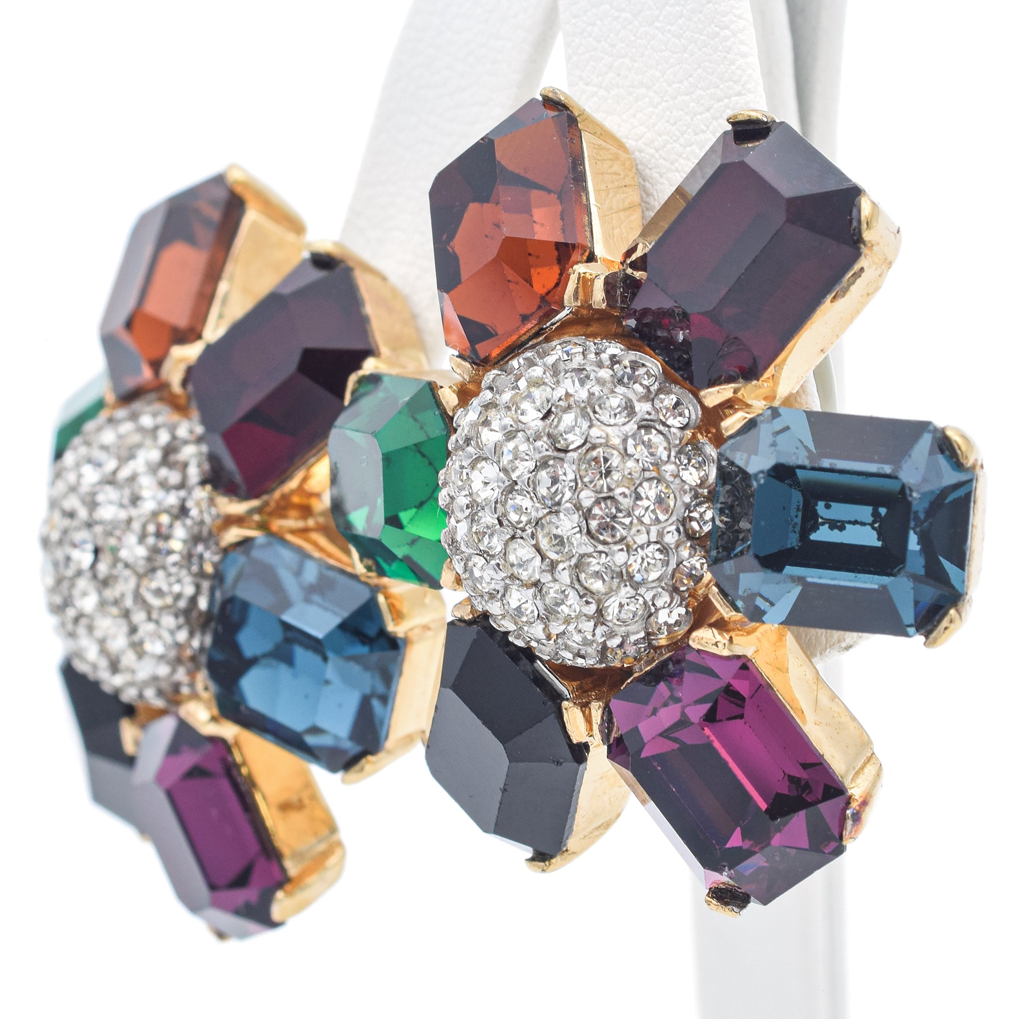 CINER Gold Plated Multi-Color Crystal & Rhinestone Floral Clip-On Earrings