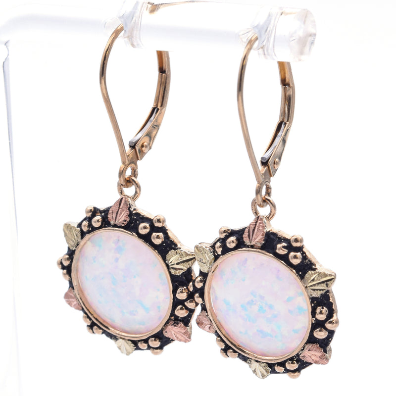 Vintage 14K Yellow Gold Lab Opal Dangle Leverback Earrings