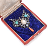 Antique Sterling Silver Indian Natural Moonstone Pearl Turquoise Coral Pendant