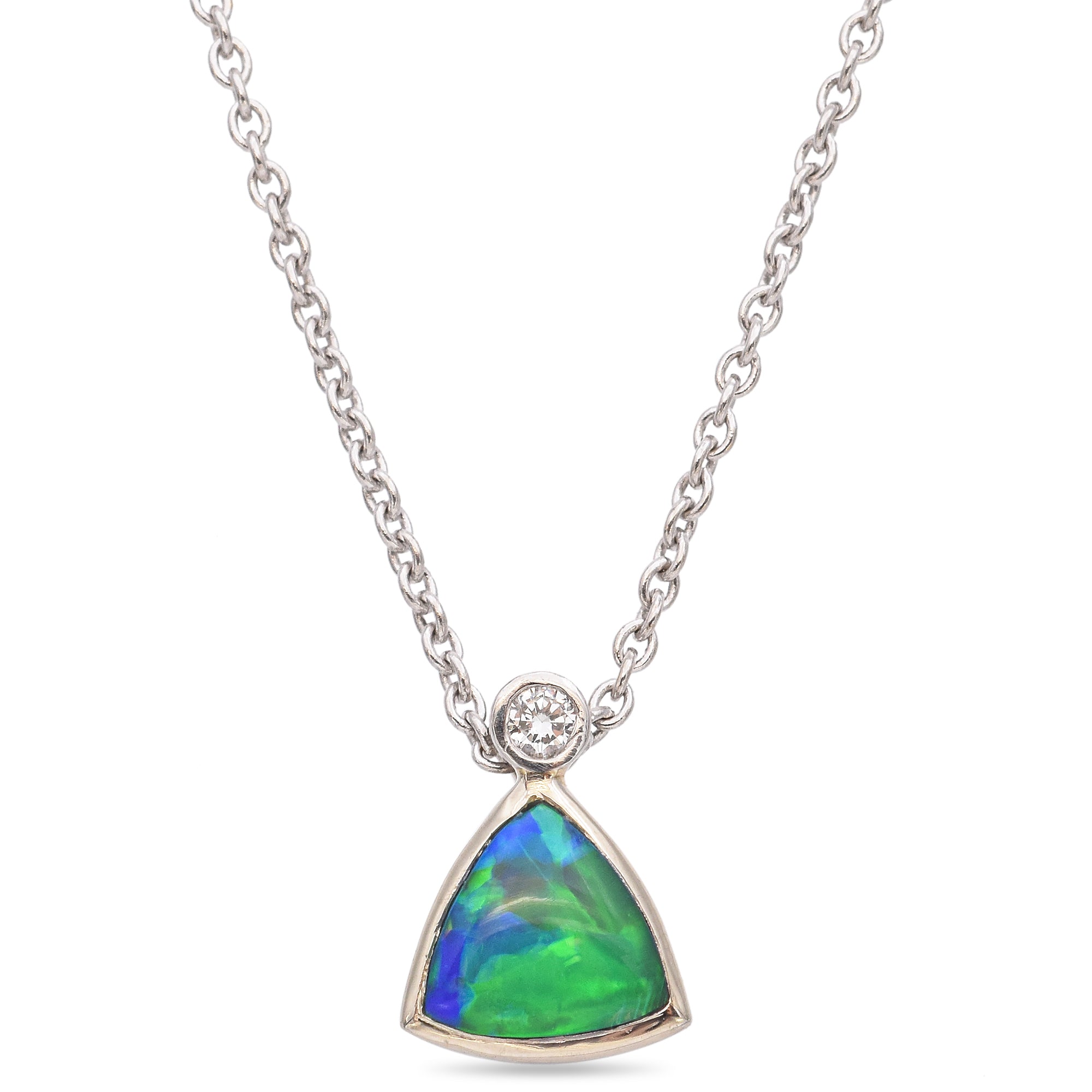 14K White Gold Opal and Diamond Pendant Necklace