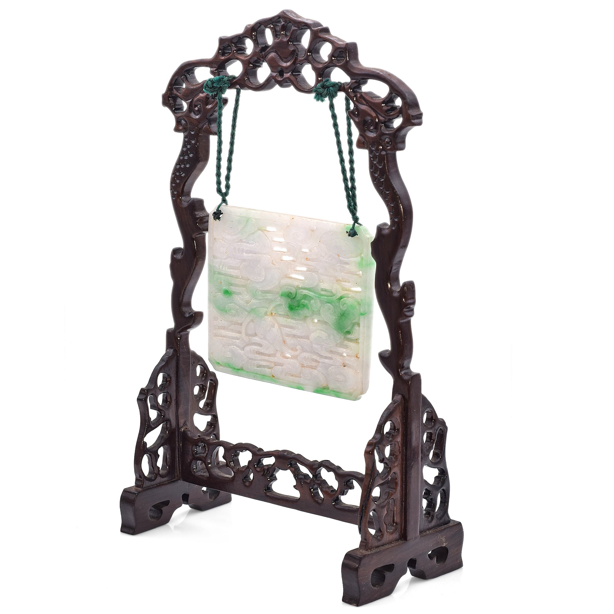 Antique Carved Green and White Jade Plaque Figurine Hanging on Wood Stand