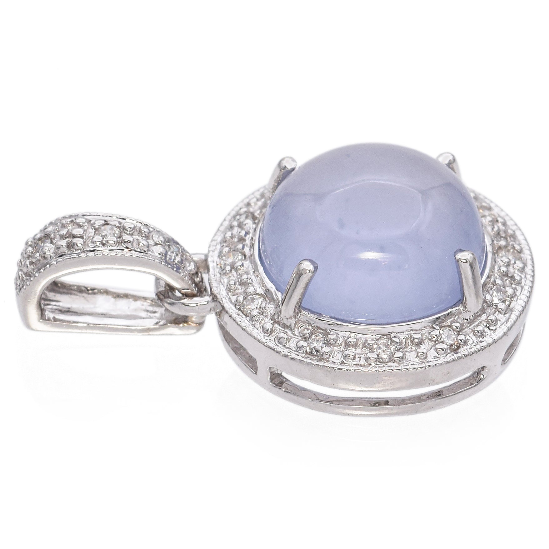 Vintage 14K White Gold Chalcedony & Pave Diamond Pendant