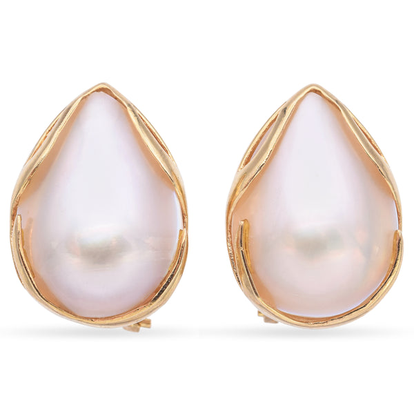 14K Yellow Gold Tear Drop Mabe Pearl Omega Back Clip On Earrings