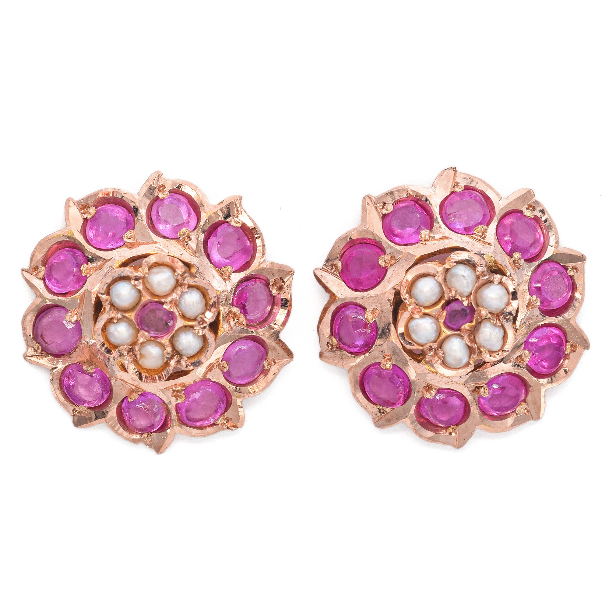 15K Yellow Gold 0.71 TCW Pink Ruby and Pearl Flower Stud Earrings