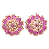 15K Yellow Gold 0.71 TCW Pink Ruby and Pearl Flower Stud Earrings