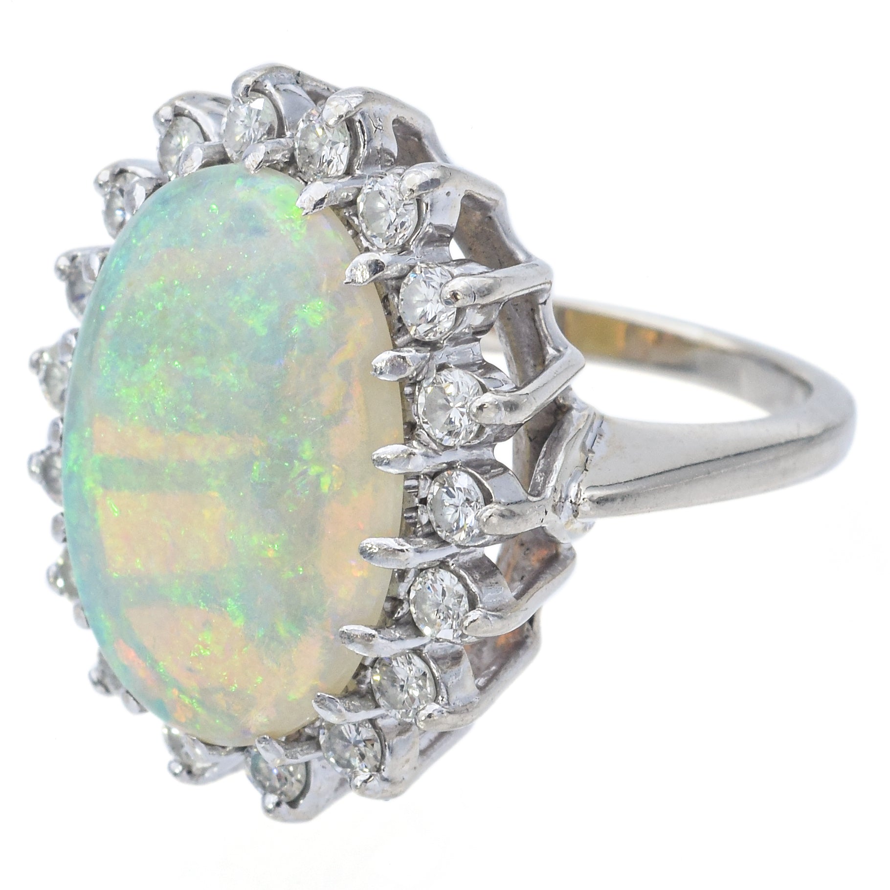 Vintage 14K White Gold 7.13 Ct Opal & 1.00 TCW Diamond Cocktail Ring Size 5.75