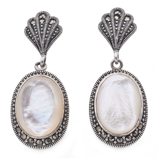 Vintage Sterling Silver Mother of Pearl and Marcasite Oval Drop Earrings