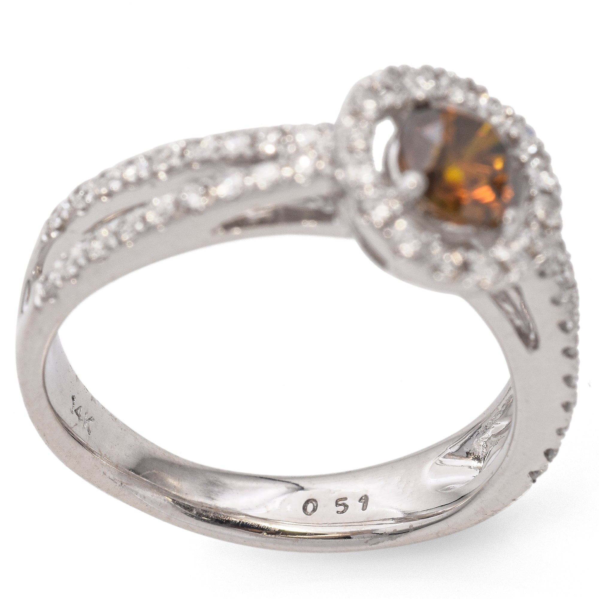 14K White Gold 0.76 TCW Brownish Orange Diamond Halo Split Shank Engagement Ring