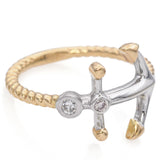 14K Yellow and White Gold Bezel Set Diamond Anchor Ring with Twisted Rope Shank