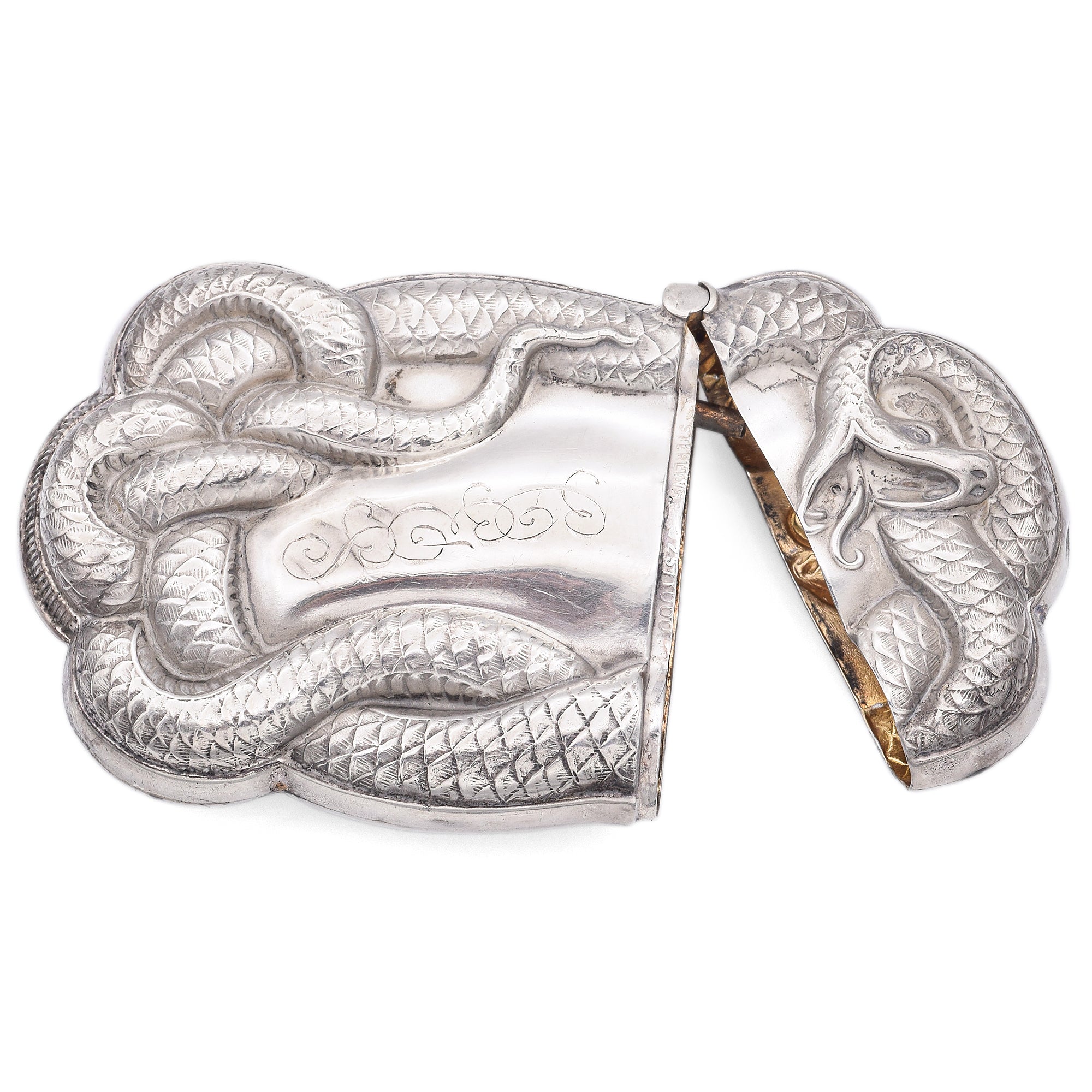 Antique Art Nouveau Sterling Silver Snake Serpent Match Safe Case