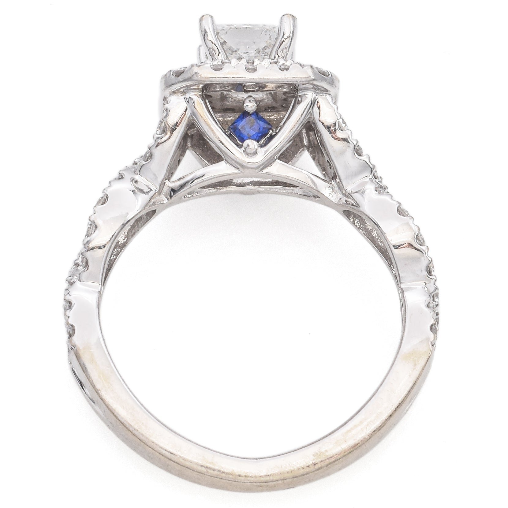 14K White Gold 1.32 TCW Diamond Halo Engagement Ring with Sapphire Accent Stones