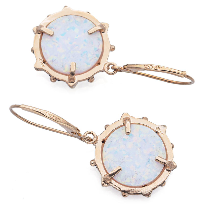 Vintage 14K Yellow Gold Lab Opal Dangle Leverback Earrings