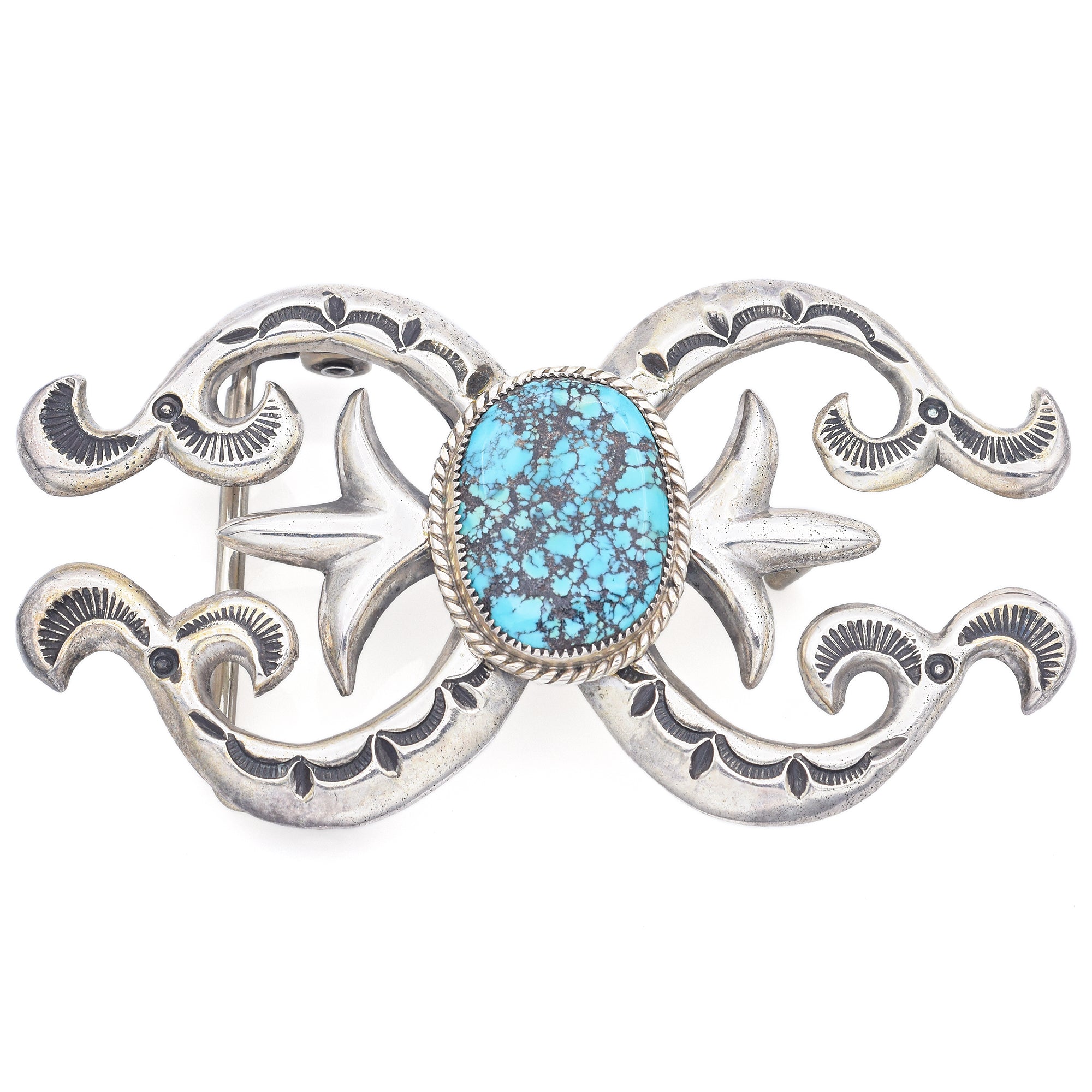 Vintage Wilson Begay Navajo Sterling Silver Spider WebTurquoise Belt Buckle