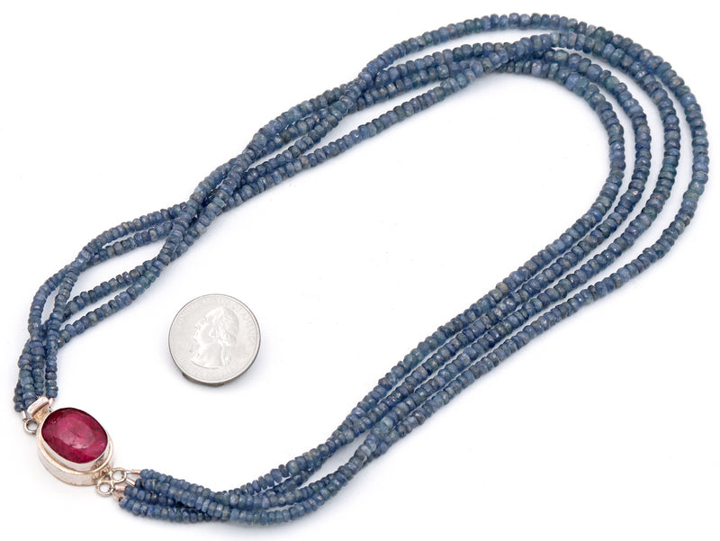 Vintage Sterling Silver Natural Sapphire Ruby Beaded Multi-Strand Necklace, 18"