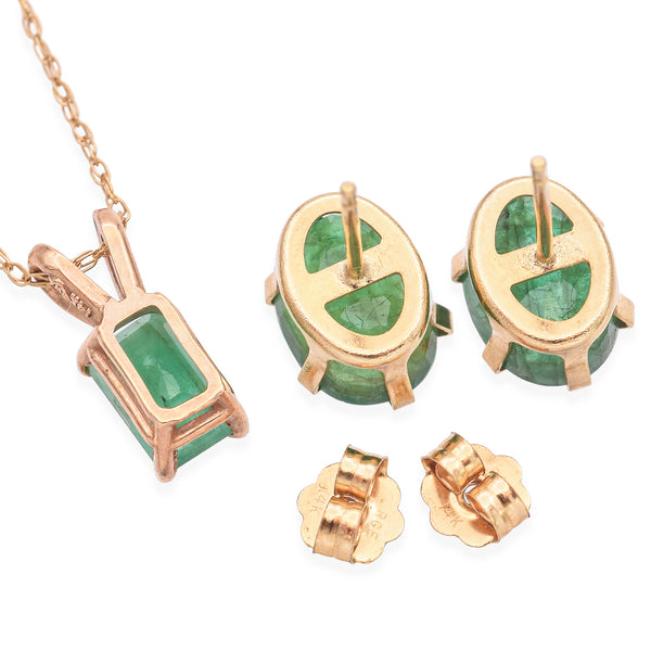 14K Yellow Gold 2.14 TCW Emerald Pendant Necklace & Oval Earring Set