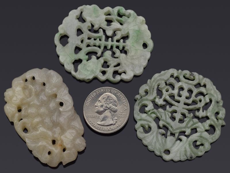 Lot of 3 Vintage Green & Beige Jade Carved Fruit & Openwork Pendants