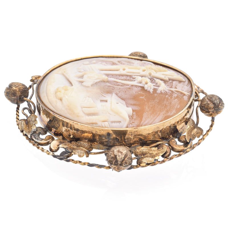 Antique Yellow Gold Cameo Going Home Filigree Brooch