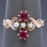 Antique Red Paste & Pearl 10K Yellow Gold Band Ring Size 5