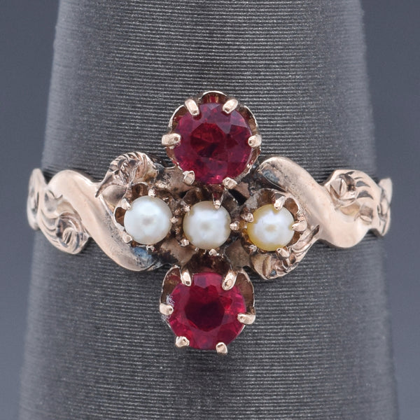 Antique Red Paste & Pearl 10K Yellow Gold Band Ring Size 5