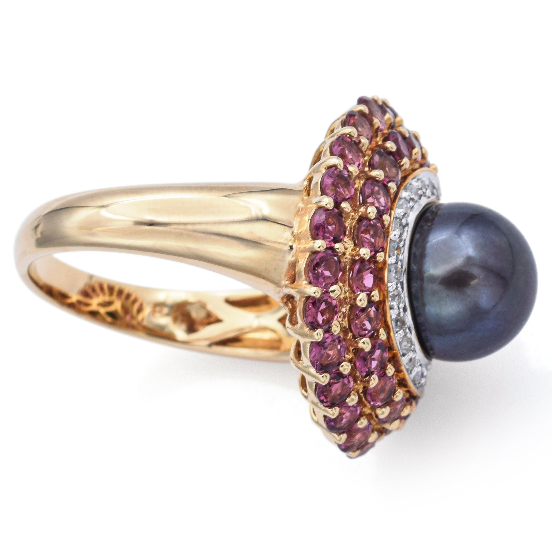 Estate 14K Yellow Gold South Sea Pearl, Rhodolite & Diamond Cocktail Ring Size 9