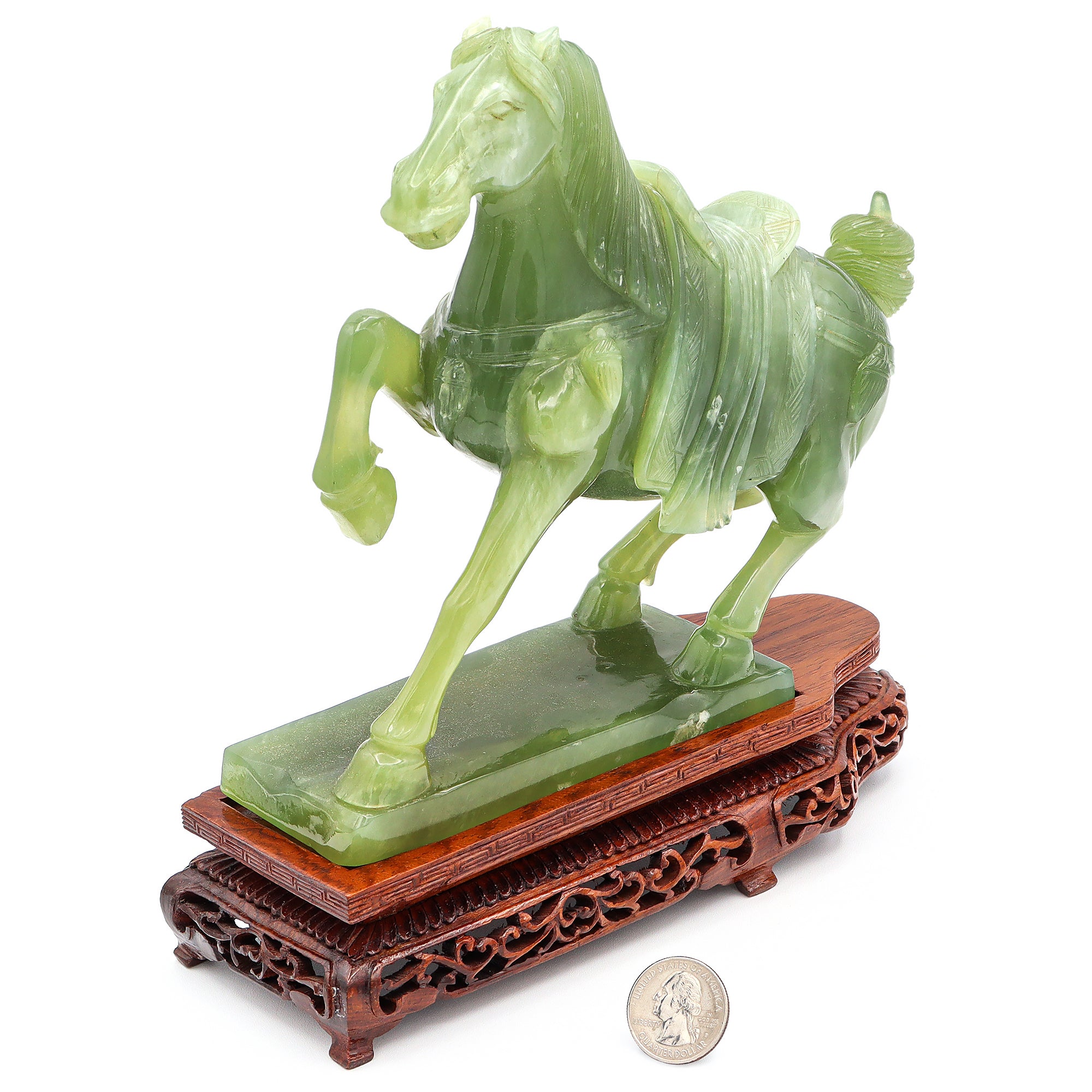 Vintage Carved Serpentine Horse Figurine with Wooden Stand 3.7lbs 8.5"x7"x2.5"