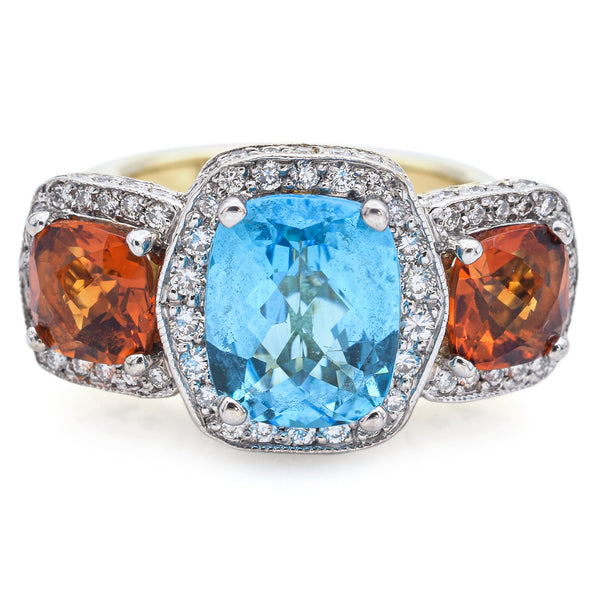 Estate Blue Topaz, Citrine & 1.13 TCW Diamond 14K Yellow Gold Ring Size 5.5