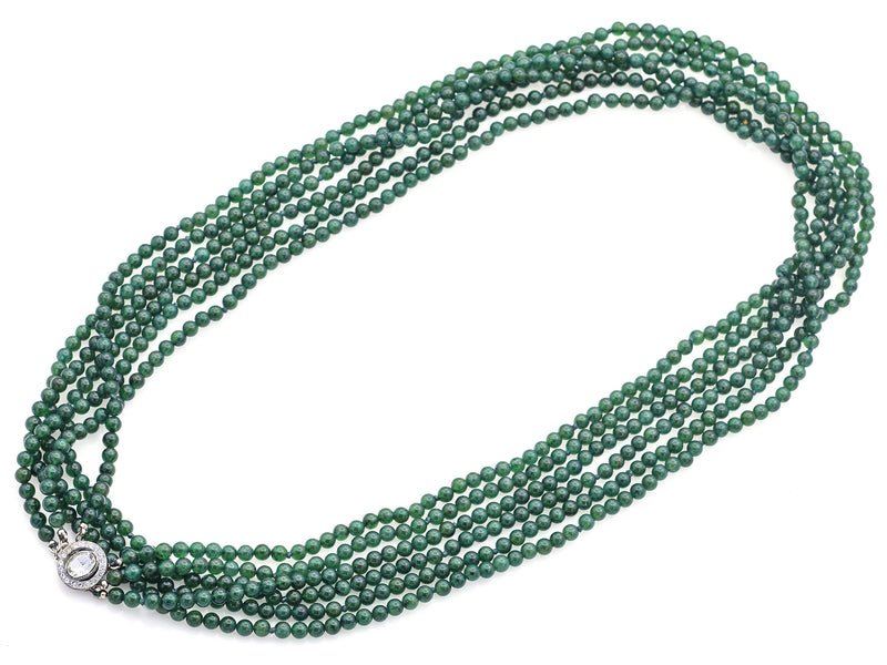 Vintage Green Jade & French Paste Clasp Beaded Multi-Strand Necklace