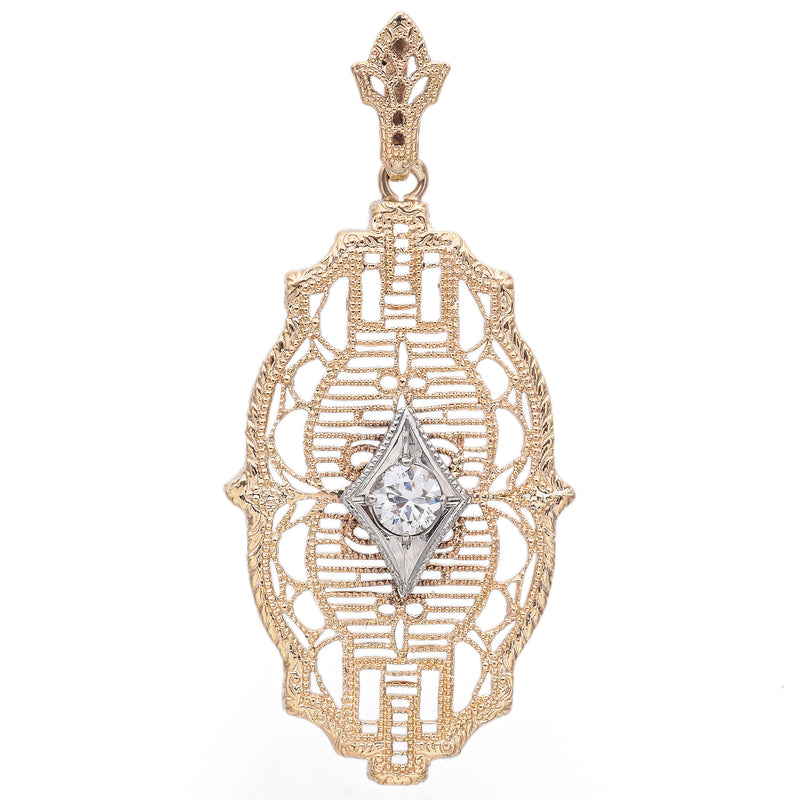 Vintage Esemco Yellow Gold Diamond Filigree Pendant