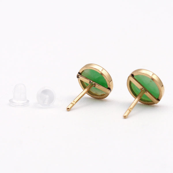 Vintage 14K Yellow Gold Green Jade Round Stud Earrings