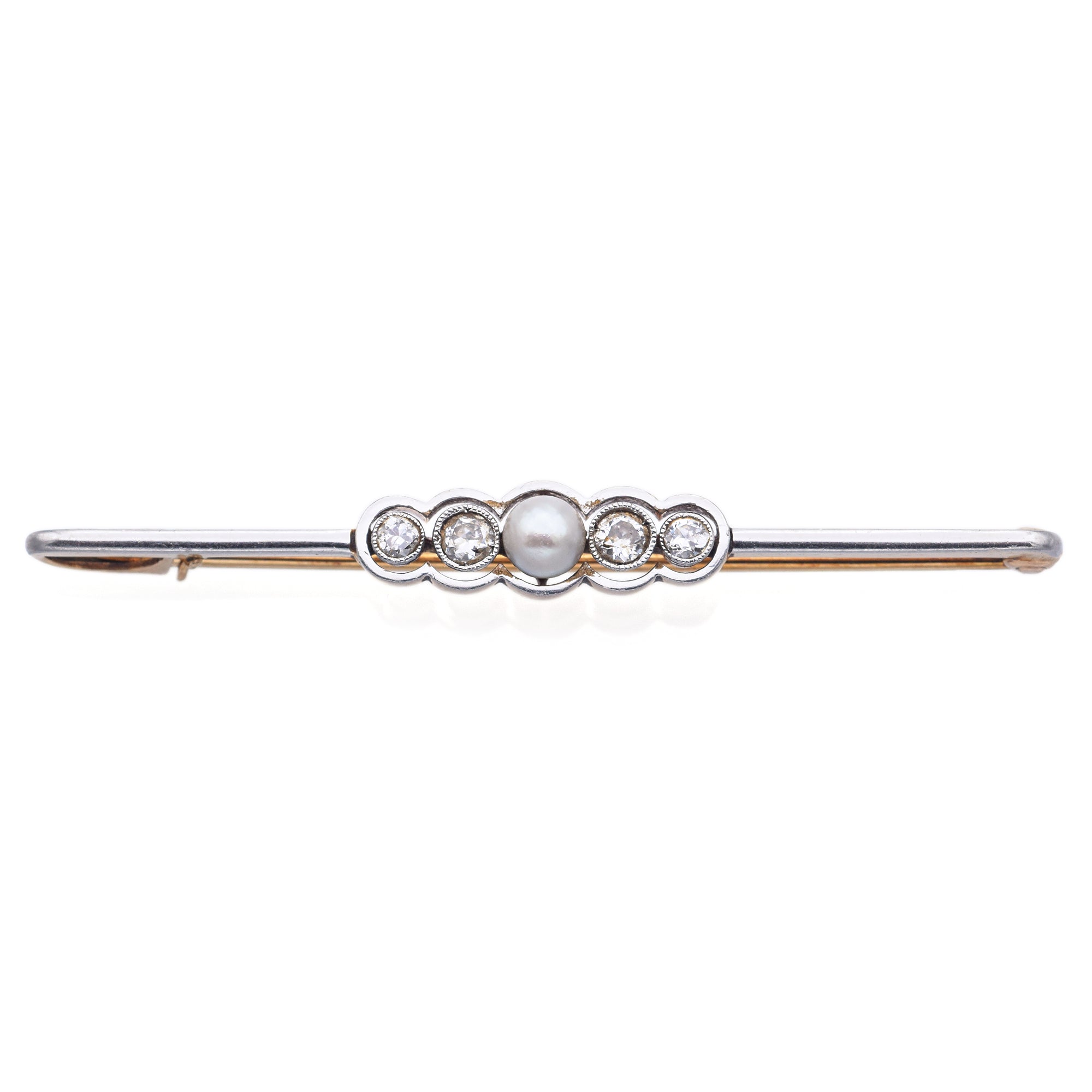 Antique 14K Yellow & White Gold Diamond & Pearl Bar Brooch Pin