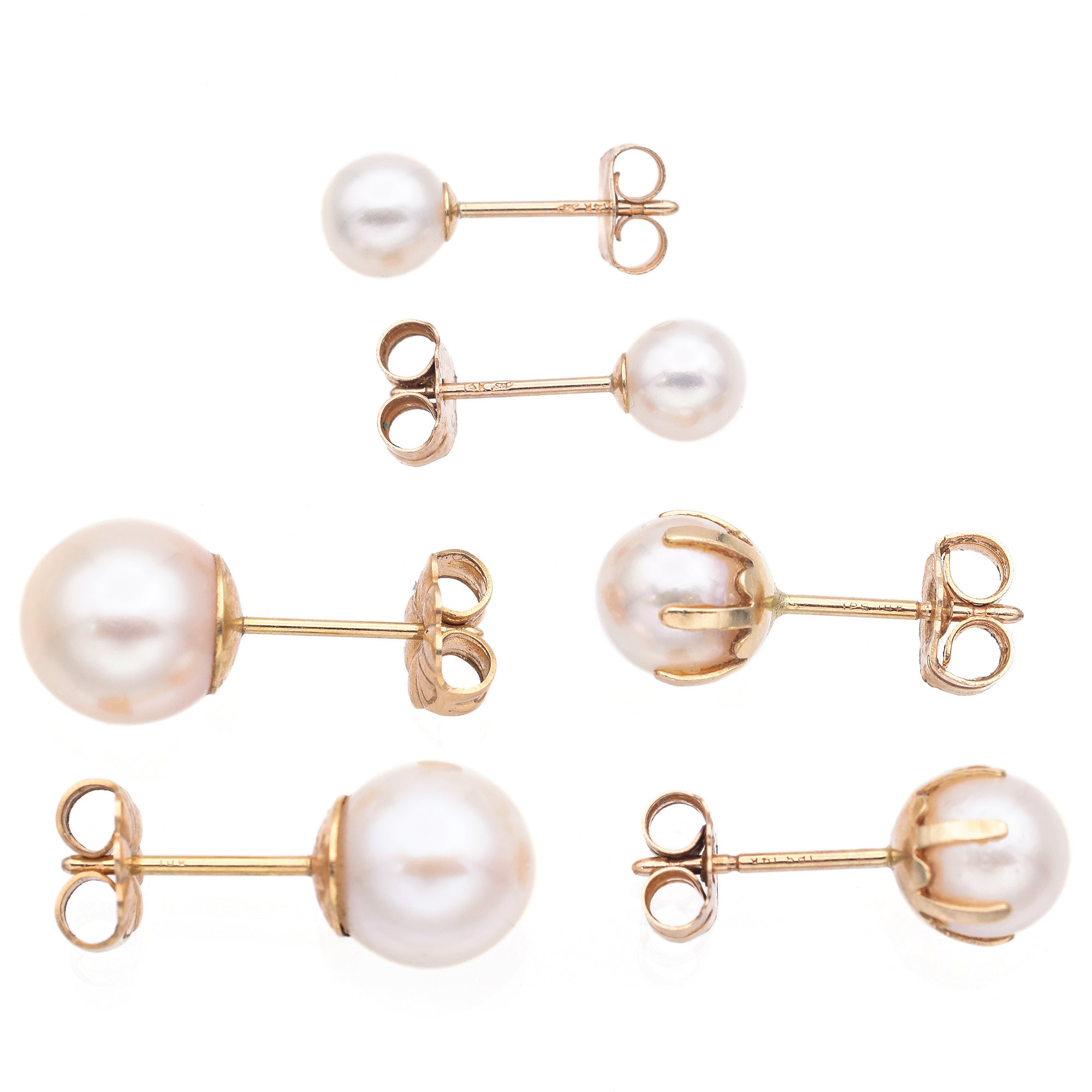 3 Pairs Vintage 14K Yellow Gold Round Pearl Stud Earrings