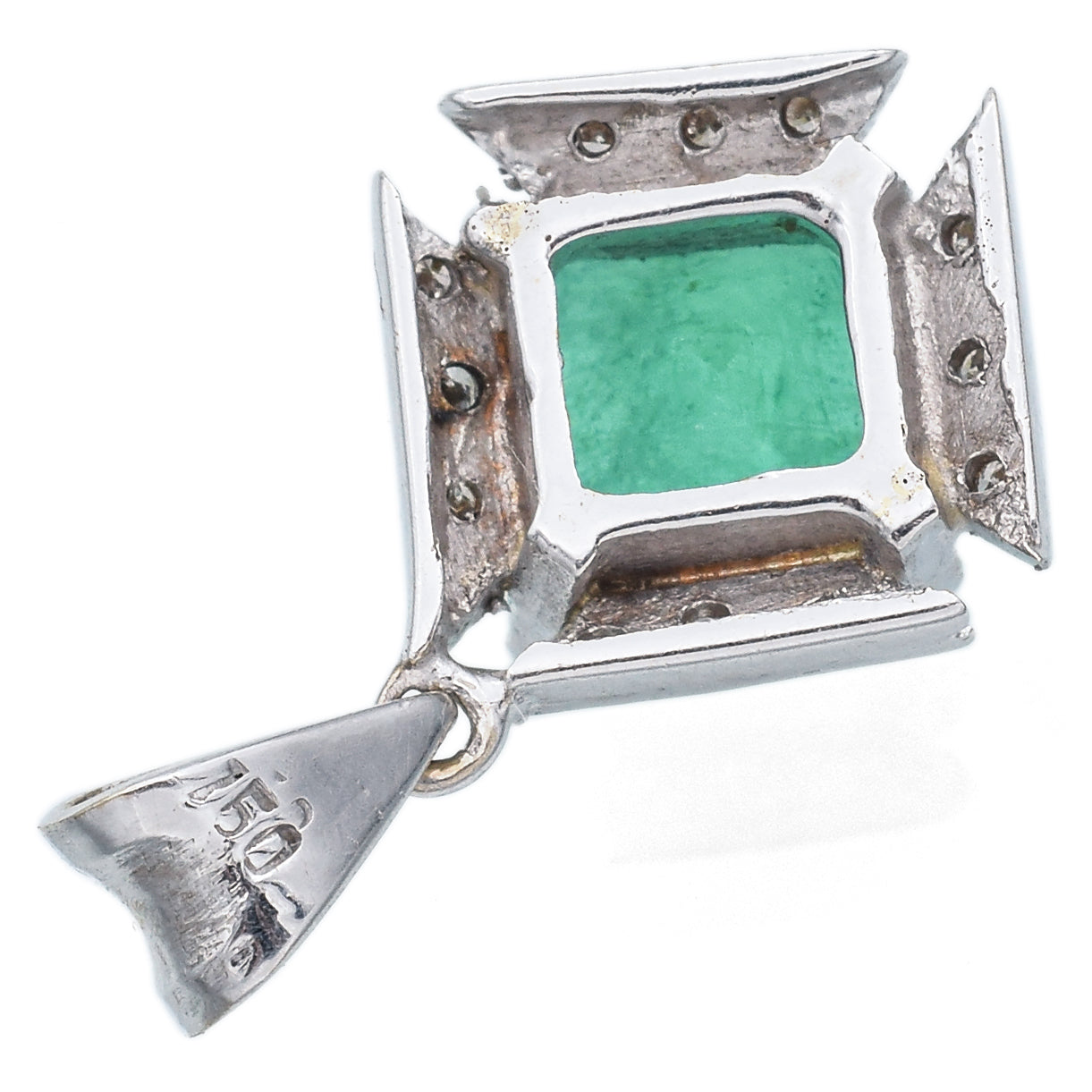 Vintage 17K White Gold 2.28 Ct Emerald & Diamond Square Pendant