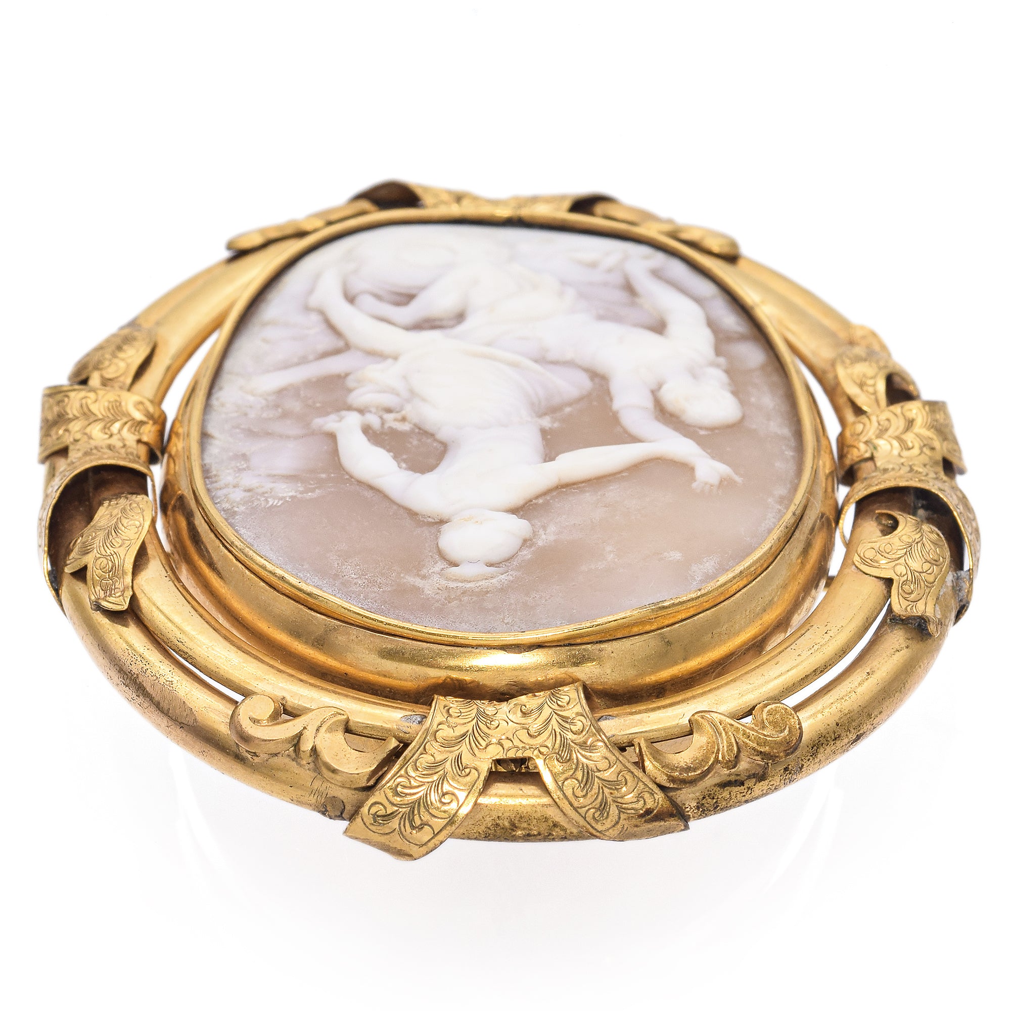 Antique 6K Yellow Gold Cameo Woman Being Abducted Brooch