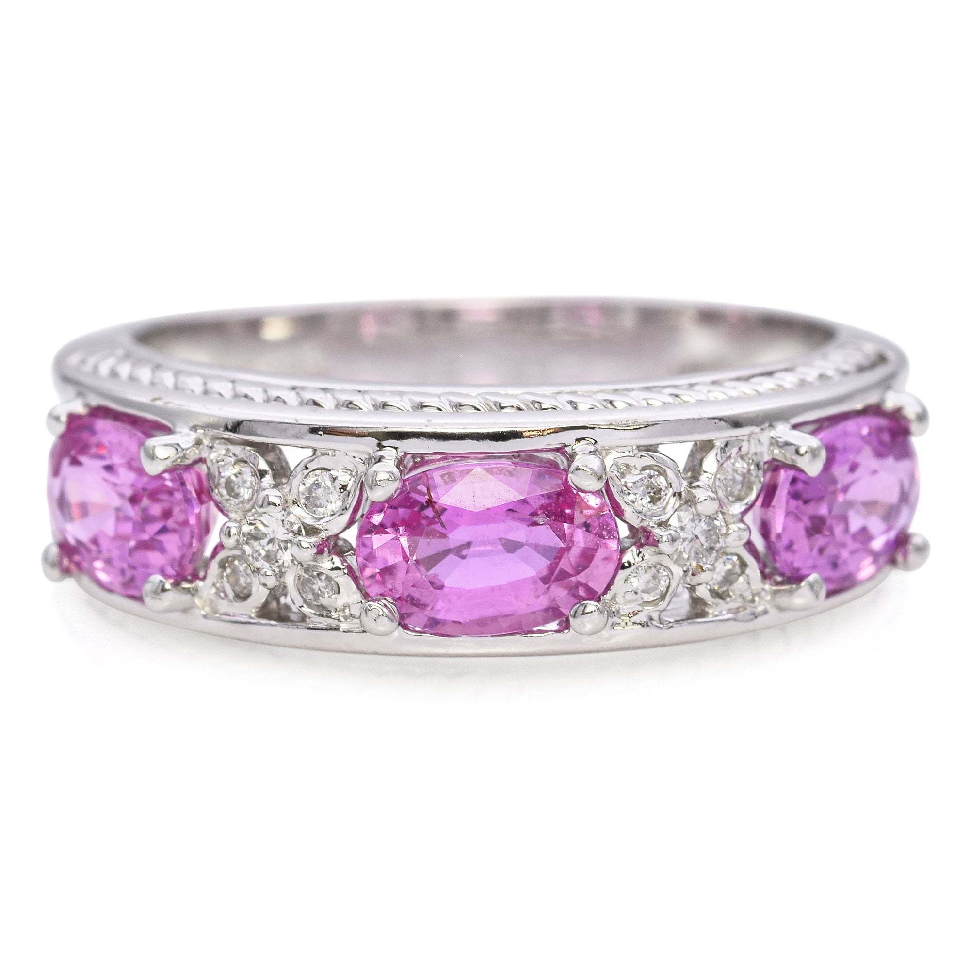 14K White Gold Oval 1.89 TCW Pink Sapphire and Accent Diamond Ring