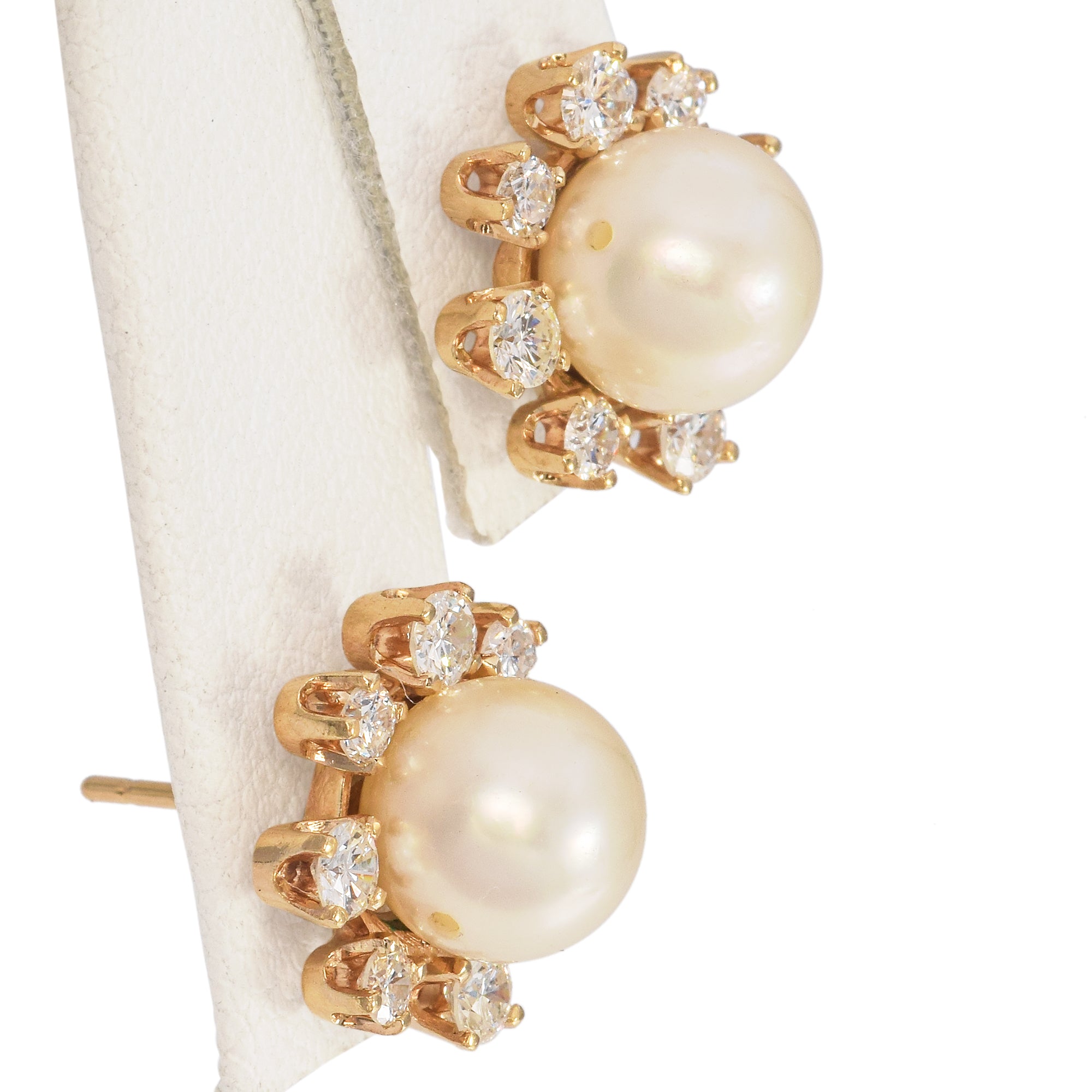 14K Yellow Gold Pearl & 0.96 TCW Diamond Halo Stud Earrings