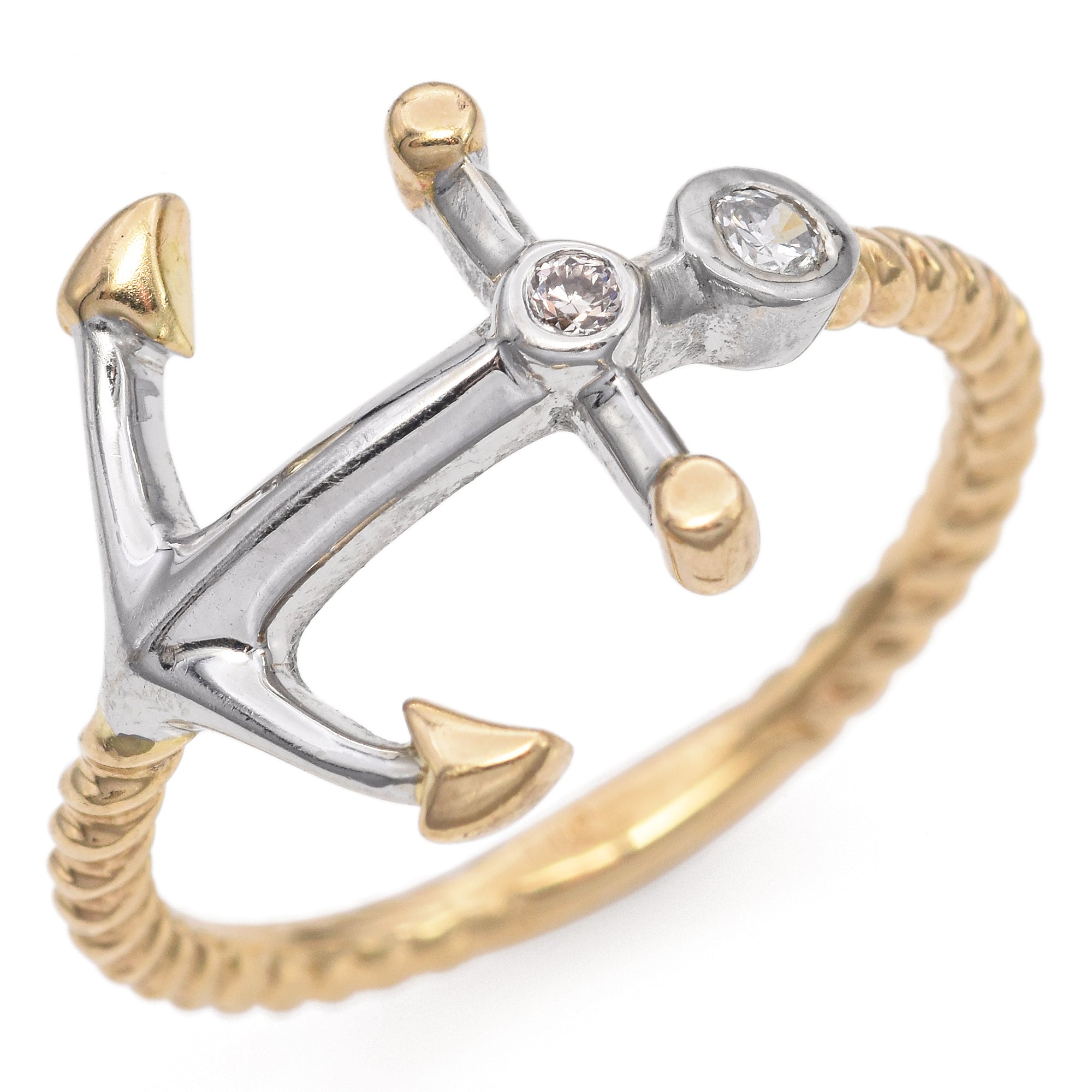 14K Yellow and White Gold Bezel Set Diamond Anchor Ring with Twisted Rope Shank