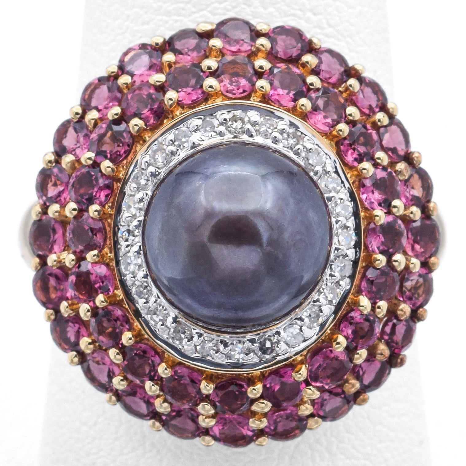 Estate 14K Yellow Gold South Sea Pearl, Rhodolite & Diamond Cocktail Ring Size 9